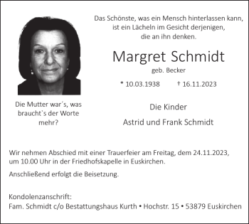 Traueranzeige von Margret Schmidt von Wochenspiegel