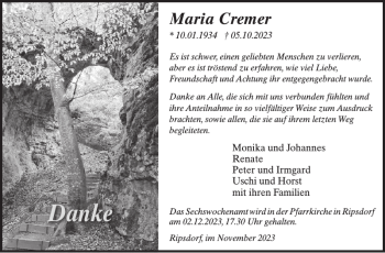 Traueranzeige von Maria Cremer von Wochenspiegel