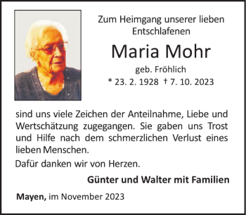 Traueranzeige von Maria Mohr von Wochenspiegel