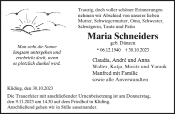 Traueranzeige von Maria Schneiders von Wochenspiegel