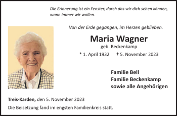 Traueranzeige von Maria Wagner von Wochenspiegel