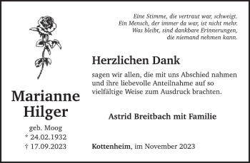 Traueranzeige von Marianne Hilger von Wochenspiegel