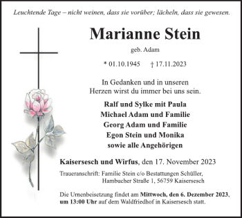 Traueranzeige von Marianne Stein von Wochenspiegel
