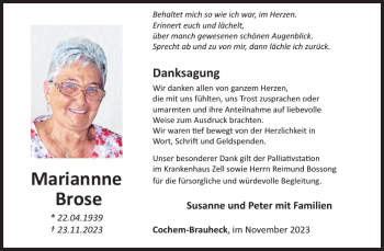 Traueranzeige von Mariannne Brose von Wochenspiegel