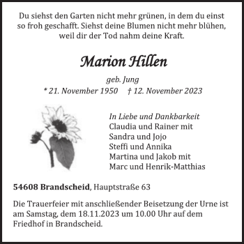 Traueranzeige von Marion Hillen von Wochenspiegel