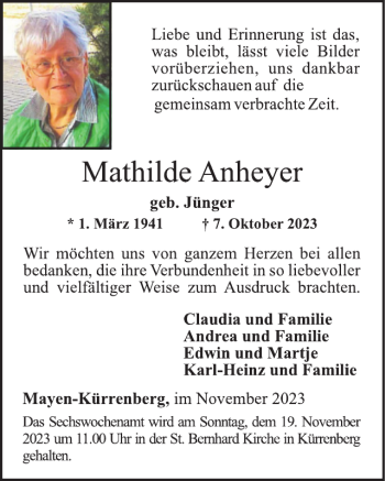 Traueranzeige von Mathilde Anheyer von Wochenspiegel