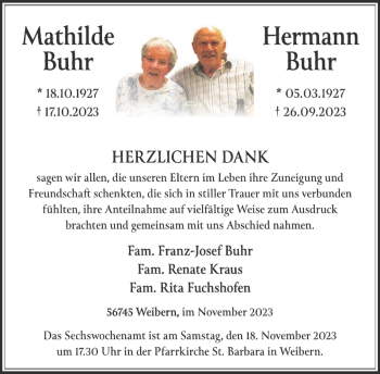 Traueranzeige von Mathilde und Hermann Buhr von Wochenspiegel