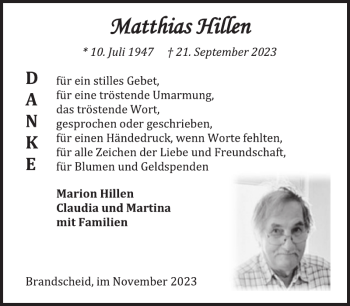 Traueranzeige von Matthias Hillen von Wochenspiegel