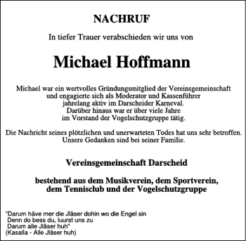 Traueranzeige von Michael Hoffmann von Wochenspiegel