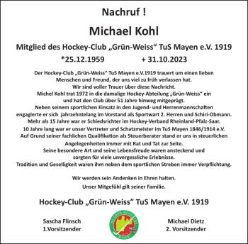 Traueranzeige von Michael Kohl von Wochenspiegel