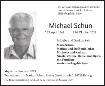 Traueranzeige von Michael Schun von Wochenspiegel