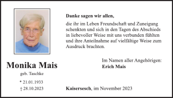 Traueranzeige von Monika Mais von Wochenspiegel
