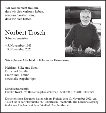 Traueranzeige von Norbert Trösch von Wochenspiegel