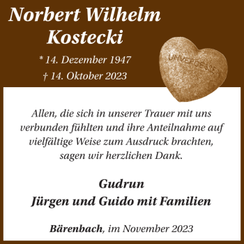 Traueranzeige von Norbert Wilhelm Kostecki von Wochenspiegel