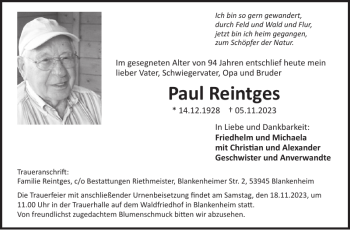 Traueranzeige von Paul Reintges von Wochenspiegel