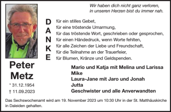 Traueranzeige von Peter Metz von Wochenspiegel