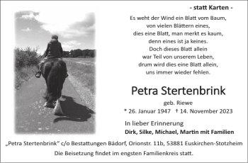Traueranzeige von Petra Stertenbrink von Wochenspiegel