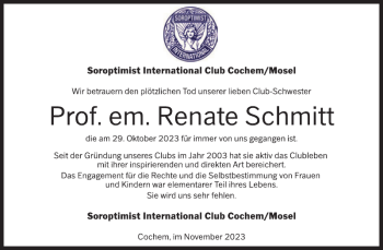 Traueranzeige von Prof. em. Renate Schmitt von Wochenspiegel