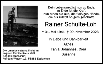 Traueranzeige von Rainer Schulte-Loh von Wochenspiegel