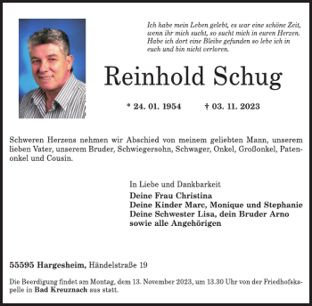 Traueranzeige von Reinhold Schug von Wochenspiegel