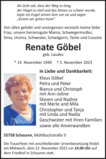 Traueranzeige von Renate Göbel von Wochenspiegel