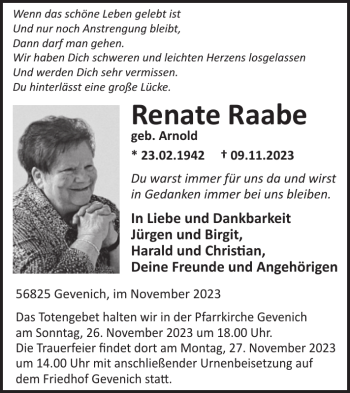 Traueranzeige von Renate Raabe von Wochenspiegel