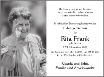 Traueranzeige von Rita Frank von Wochenspiegel