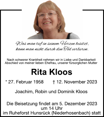 Traueranzeige von Rita Kloos von Wochenspiegel