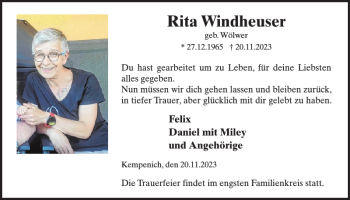 Traueranzeige von Rita Windheuser von Wochenspiegel
