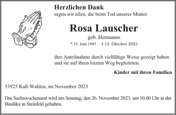 Traueranzeige von Rosa Lauscher von Wochenspiegel