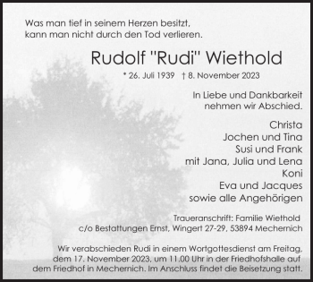 Traueranzeige von Rudolf Rudi Wiethold von Wochenspiegel
