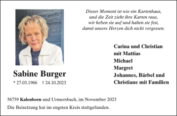Traueranzeige von Sabine Burger von Wochenspiegel