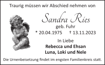 Traueranzeige von Sandra Ries von Wochenspiegel