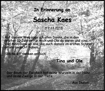 Traueranzeige von Sascha Kaes von Wochenspiegel