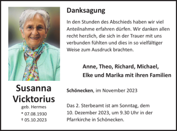 Traueranzeige von Susanna Vicktorius von Wochenspiegel