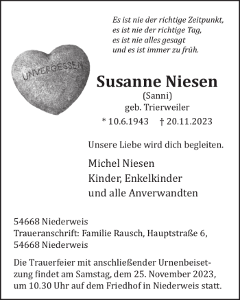 Traueranzeige von Susanne Niesen von Wochenspiegel