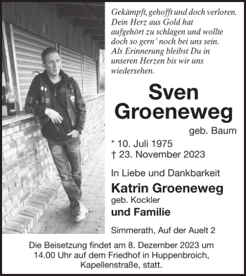 Traueranzeige von Sven Groeneweg von Wochenspiegel