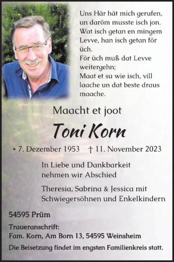 Traueranzeige von Toni Korn von Wochenspiegel