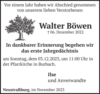 Traueranzeige von Walter Böwen von Wochenspiegel