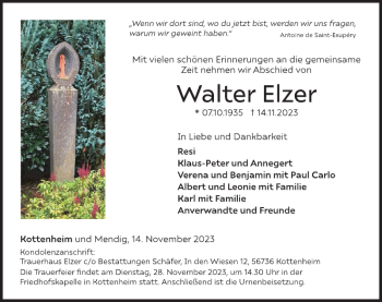Traueranzeige von Walter Elzer von Wochenspiegel