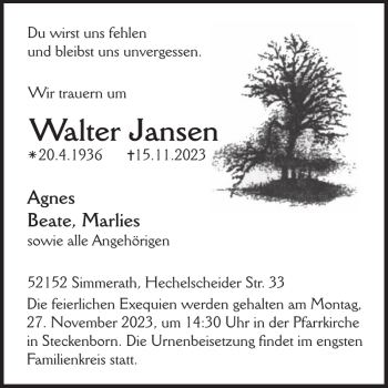 Traueranzeige von Walter Jansen von Wochenspiegel