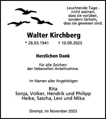 Traueranzeige von Walter Kirchberg von Wochenspiegel