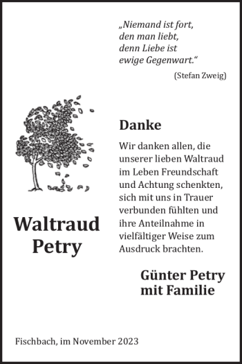Traueranzeige von Waltraud Petry von Wochenspiegel