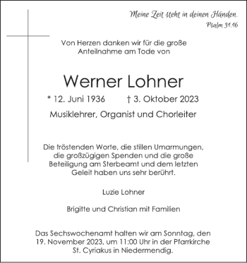 Traueranzeige von Werner Lohner von Wochenspiegel