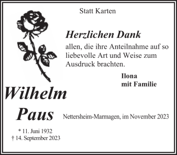 Traueranzeige von Wilhelm Paus lh von Wochenspiegel