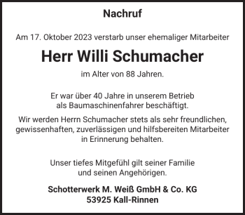Traueranzeige von Willi Schumacher von Wochenspiegel