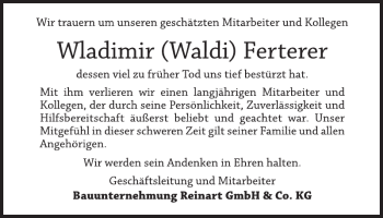 Traueranzeige von Wladimir (Waldi) Ferterer von Wochenspiegel