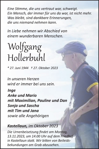 Traueranzeige von Wolfgang Hollerbuhl von Wochenspiegel