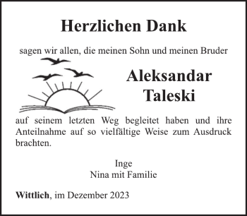 Traueranzeige von Aleksandar Taleski von Wochenspiegel