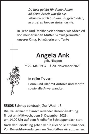 Traueranzeige von Angela Ank von Wochenspiegel